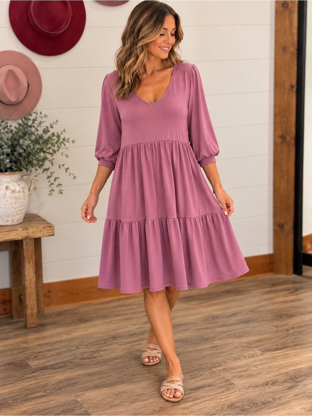 Kaileigh Dusty Rose Tiered V-Neck Midi Dress